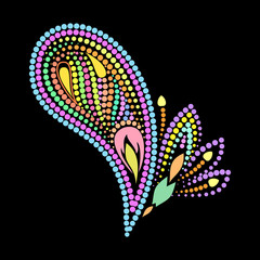 Paisley - colorful  folk art dot pattern. Traditional ethnic ornament. Object isolated on black background. Vector print.