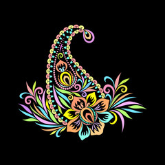 Paisley - colorful floral folk art pattern. Traditional ethnic ornament. Object isolated on black background. Vector print.