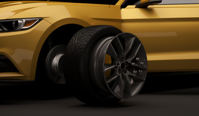 Expensive luxury sports car coupe tire repair on tire service. Repair a puncture wheel. 3d render