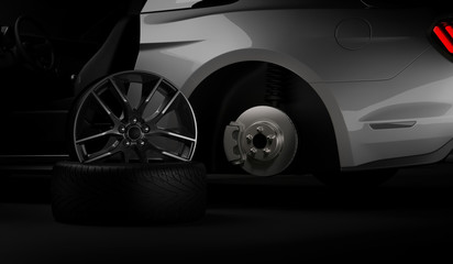 Expensive luxury sports car coupe tire repair on tire service. Repair a puncture wheel. 3d render