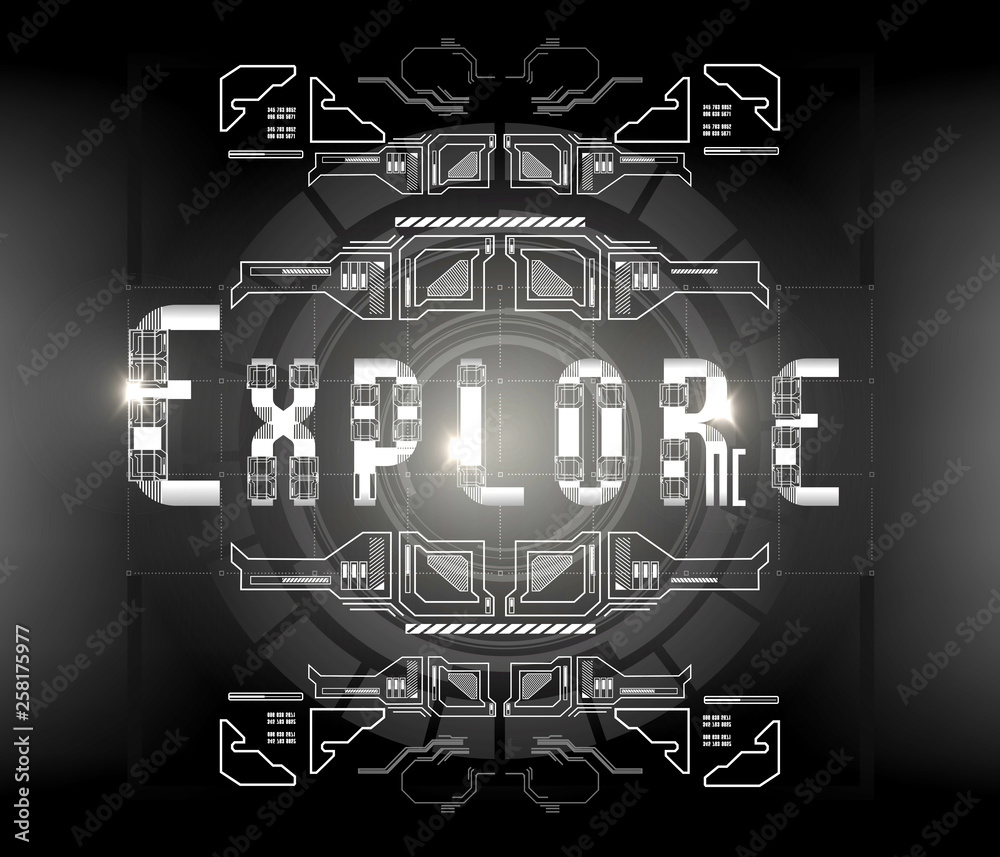 Poster explore. conceptual layout with hud elements for print and web. lettering with futuristic user inter