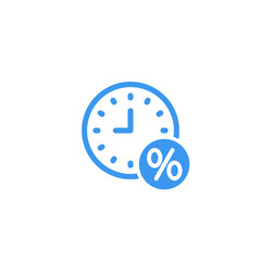 Loan timing icon. Time and interest icon. Clock and percent sign. Banking, Finance concept. Vector illustration for topics like debtor delay, penalty, deadline, business, finance, economy