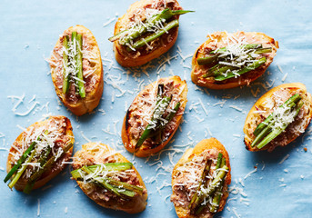 homemade toast with duck foie gras, asparagus and parmesan cheese Top view
