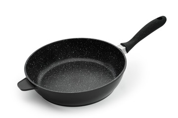 Kitchen frying pan with a black plastic handle isolate on a white background for the cook. Throws a shadow. Kitchenware