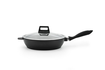 A frying pan with a black plastic handle; a glass lid; isolate against a white background; for a cook. Throws a shadow. Kitchenware