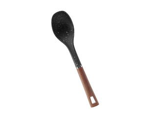 Kitchen utensils plastic spoon for food with a wooden handle isolate on a white background.