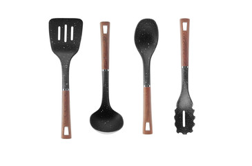 Plastic kitchenware with wooden handle spatula scoop spoon isolate on white background.