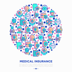 Medical insurance concept in circle thin line icons: policy, life insurance, psychological support, maternity program, 24/7 support, mobile app, telemedicine. Modern vector illustration.