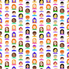 Seamless pattern with people flat icons: smiling cartoon male and female heads. Avatars of people with different races: caucasian, asian, african, hindu. Modern vector illustration.