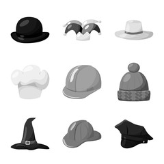 Vector illustration of hat and helmet symbol. Set of hat and profession stock vector illustration.