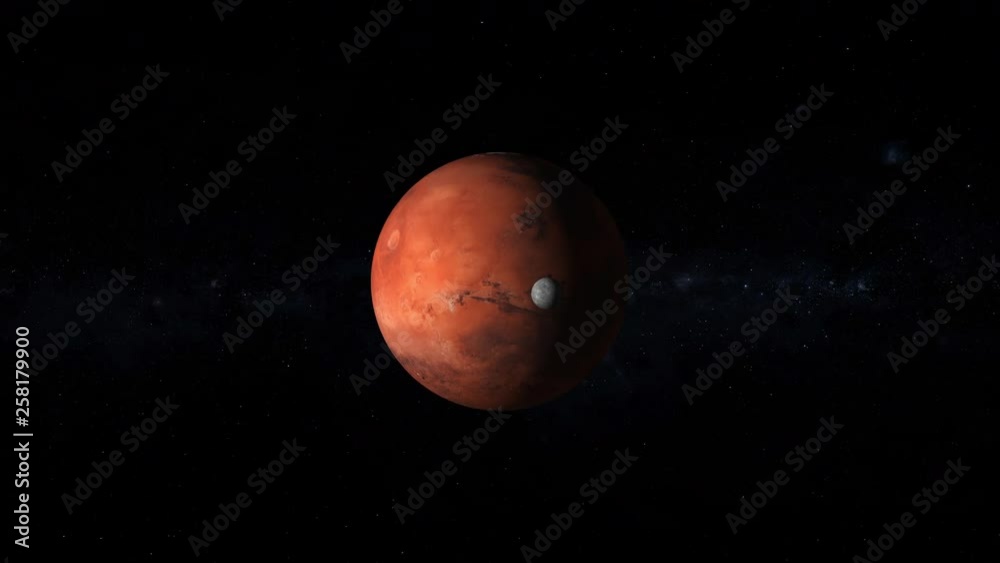 Wall mural space travel to mars planet rotating with moon orbit zoom in. contains public domain image by nasa