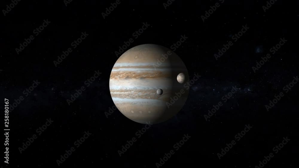 Wall mural space travel to jupiter planet rotating with moon orbit zoom in. contains public domain image by nas