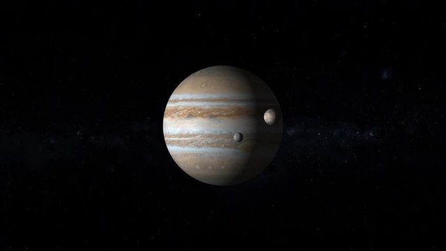 Space travel to Jupiter planet rotating with moon orbit zoom in. Contains public domain image by Nasa