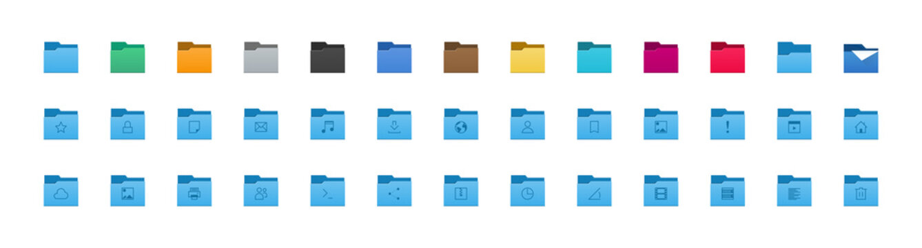 Folder icons set. All type of document, file formats vector illustration symbols collection. Computer folder, folders sign.
