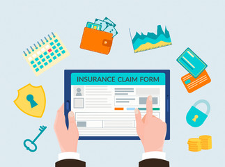 The hand holding the gadget, form insurance online, insurance symbols
