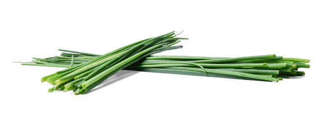 Two bunches of fresh chive onions on a white isolated background. Side view.