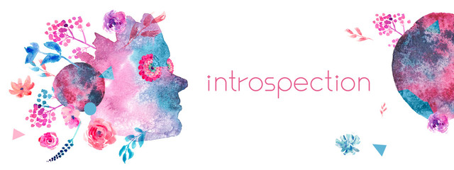 Introspection concept in trendy collage style with watercolor elements. Horizontal banner template with face and floral elements. Illustration of spiritual and psychological feelings and emotions.