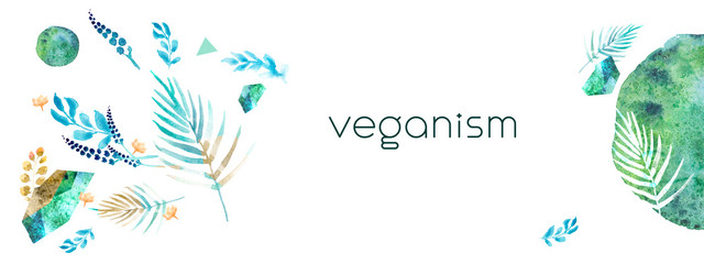 Fototapeta na wymiar Veganism illustration with image of woman face in trendy watercolor style. Banner with leaves, branches, flowers — Introspection. Vegan concept with hand-drawn elements. Green planet.