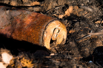 Garbage polluting environment - A rusty aluminium can is lying on the ground.
