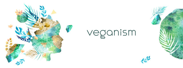 Veganism illustration with image of woman face in trendy watercolor style. Banner with leaves, branches, flowers — Introspection. Vegan concept with hand-drawn elements. Green planet.