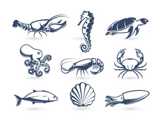 Underwater world vector icon collection. Engraving silhouette modern style. Lobster, turtle, crab, seahorse, shrimp, octopus, tuna, squid, shell icons. Vector illustrations for on blank background.