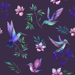 Seamless pattern with hummingbirds and tropical plants