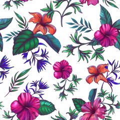 Seamless pattern with tropical leaves and flowers