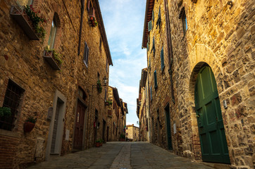 Narrow street in medieval village of San Donato in Poggio in the municipality of Tavarnelle Val di...
