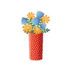 Yellow and blue flowers different species in red dotted vase isolated on white background