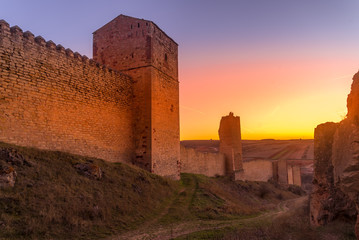Molina de Aragon classic medieval Spanish ruined castle aerial panorama view at sunset close to Guadalajara Spain