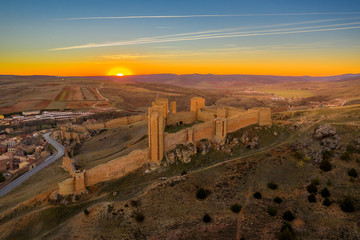 Molina de Aragon classic medieval Spanish ruined castle aerial panorama view at sunset close to Guadalajara Spain