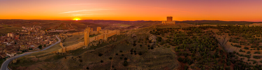 Molina de Aragon classic medieval Spanish ruined castle aerial panorama view at sunset close to...