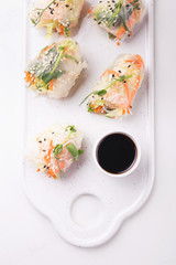 Vietnamese spring rolls with shrimps and vegetables. Copyspace