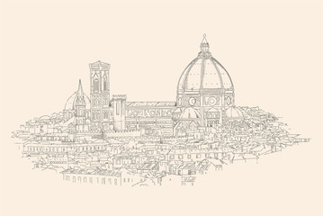 Florence, Italy cityscape with Dome and old quarters. Hand drawn sketch vector illustration. - obrazy, fototapety, plakaty