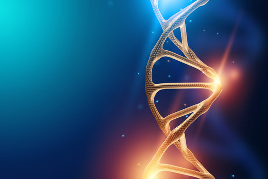 Creative background, dna structure, DNA molecule on a blue background, ultraviolet. 3d render, 3d illustration. The concept of medicine, research, experiments, experiment, virus, disease.