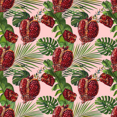 Seamless pomegranate painting with graphic, pattern background. Wallpaper or fabric design.