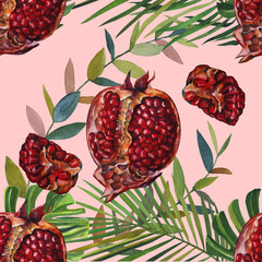 Seamless pomegranate painting with graphic, pattern background. Wallpaper or fabric design.