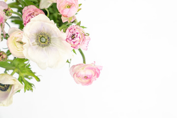 Obraz na płótnie Canvas White Anemones and Pink Ranunculus Floral Flat Lay Background