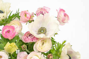 Fototapeta na wymiar White Anemones and Pink Ranunculus Floral Flat Lay Background