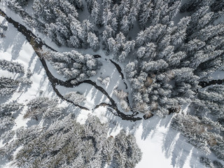 Aerial view of river thorugh snow covered forest in calm scene