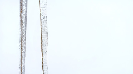 Two icicles hanging from roof, overcast sky in background, wide banner with space for text right.