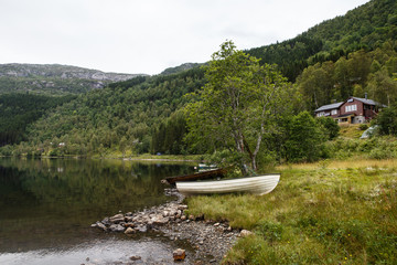 View of a Norwegian lake with a boat