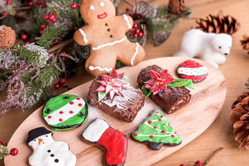 Different type of christmas cookies with decoration.