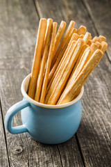 Italian grissini breadsticks. Tasty grissini snack.