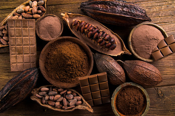 Chocolate bar, candy sweet, cacao beans and powder