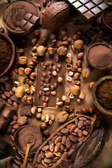 Chocolate bar, candy sweet, cacao beans and powder