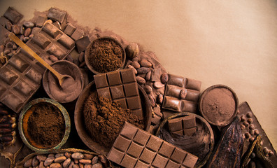 Chocolate bar, candy sweet, cacao beans and powder