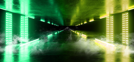 Smoke Virtual Neon Glowing Structure Sci Fi Futuristic Spaceship Dark Empty Tunnel Corridor Fluorescent Vibrant Green Yellow Grunge Concrete Reflective Track Underground Garage 3D Rendering