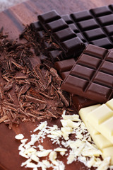 chocolate in diffrent color. milk, dark and white chocolate bars on table