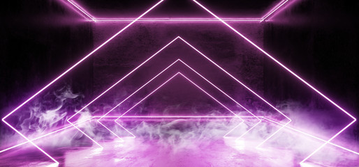 Dark Empty Virtual Vibrant Fluorescent Neon Glowing Purple Blue Triangle Line Shaped Gate Stage Laser Lights  Reflection Grunge Concrete Room Rough Texture 3D Rendering